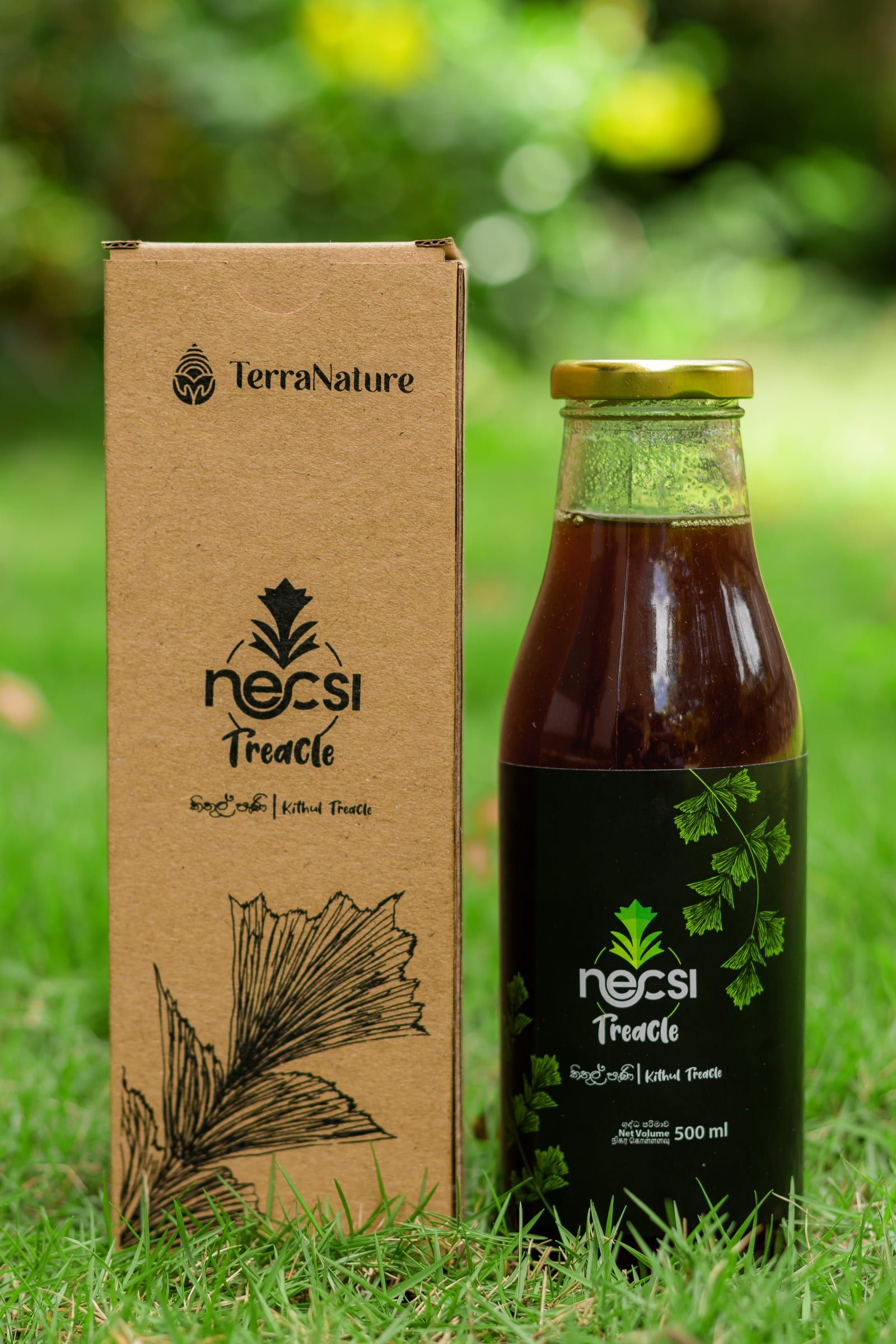 Necsi treacle bottle and box in the garden